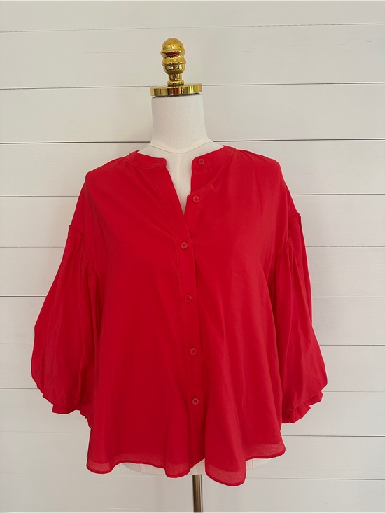 This Just In Tops - Women’s Red Button-Front Blouse with Billowy Sleeves